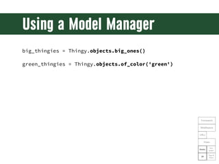Using a Model Manager
big_thingies = Thingy.objects.big_ones()

green_thingies = Thingy.objects.of_color('green')




    ...