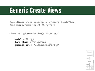 Generic Create Views
from django.views.generic.edit import CreateView
from myapp.forms import ThingyForm


class ThingyCre...