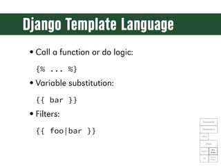 Django Template Language
• Call a function or do logic:
  {% ... %}
• Variable substitution:
  {{ bar }}
• Filters:
      ...