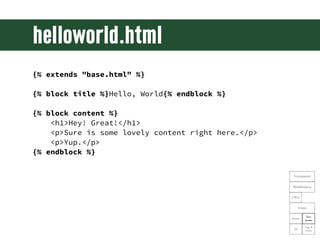 helloworld.html
{% extends "base.html" %}

{% block title %}Hello, World{% endblock %}

{% block content %}
    <h1>Hey! G...