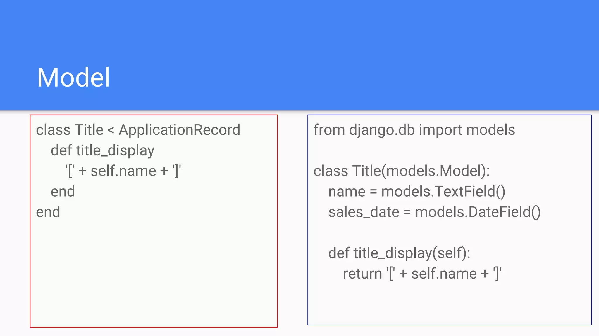 Model
class Title < ApplicationRecord
def title_display
'[' + self.name + ']'
end
end
from django.db import models
class Title(models.Model):
name = models.TextField()
sales_date = models.DateField()
def title_display(self):
return '[' + self.name + ']'
 