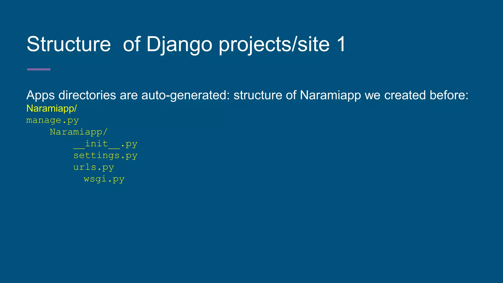 Structure of Django projects/site 1
Apps directories are auto-generated: structure of Naramiapp we created before:
Naramiapp/
manage.py
Naramiapp/
__init__.py
settings.py
urls.py
wsgi.py
 