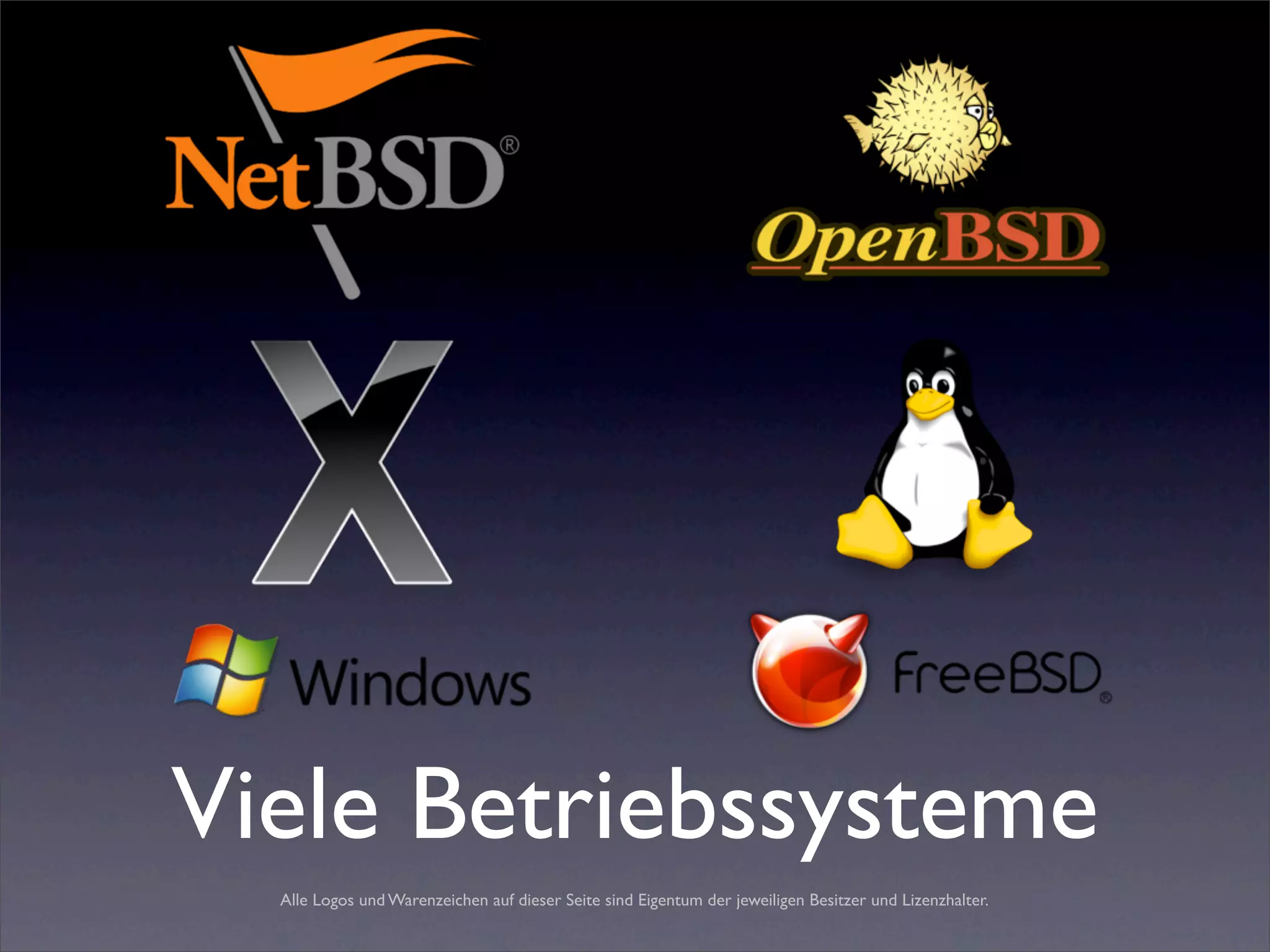 Viele Betriebssysteme
  Alle Logos und Warenzeichen auf dieser Seite sind Eigentum der jeweiligen Besitzer und Lizenzhalter.
 