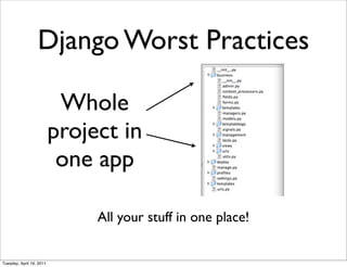 Django Worst Practices

                           Whole
                          project in
                           one app

                               All your stuff in one place!


Tuesday, April 19, 2011
 