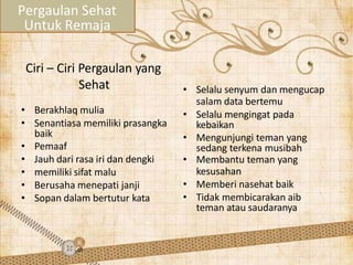 Ciri – Ciri Pergaulan yang
Sehat
• Berakhlaq mulia
• Senantiasa memiliki prasangka
baik
• Pemaaf
• Jauh dari rasa iri dan dengki
• memiliki sifat malu
• Berusaha menepati janji
• Sopan dalam bertutur kata
• Selalu senyum dan mengucap
salam data bertemu
• Selalu mengingat pada
kebaikan
• Mengunjungi teman yang
sedang terkena musibah
• Membantu teman yang
kesusahan
• Memberi nasehat baik
• Tidak membicarakan aib
teman atau saudaranya
Pergaulan Sehat
Untuk Remaja
 