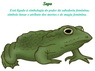Sapo Está ligado à simbologia do poder da sabedoria feminina, símbolo lunar e atributo dos mortos e de magia feminina.  