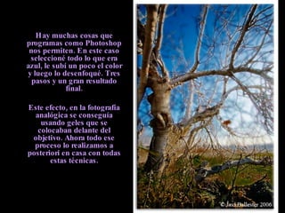 Hay muchas cosas que programas como Photoshop nos permiten. En este caso seleccioné todo lo que era azul, le subí un poco el color y luego lo desenfoqué. Tres pasos y un gran resultado final. Este efecto, en la fotografía analógica se conseguía usando geles que se colocaban delante del objetivo. Ahora todo ese proceso lo realizamos a posteriori en casa con todas estas técnicas. 