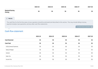 Retained Earning
Closing
$0 $0 $0 $0 $0
2023-24 2024-25 2025-26 2026-27 2027-28
Cash flow statement
Cash Received $0 $0 $0 $0 $0
Cash Paid $0 $0 $0 $0 $0
COS & General Expenses $0 $0 $0 $0 $0
Salary & Wages $0 $0 $0 $0 $0
Interest $0 $0 $0 $0 $0
Sales Tax $0 $0 $0 $0 $0
Income Tax $0 $0 $0 $0 $0
2023-24 2024-25 2025-26 2026-27 2027-28
The cash flow for the first few years of your operation should be estimated and described in this section. This may include billing invoices,
payment receipts, loan payments, and any other cash flow statements.
To unlock help try Upmetrics! 
 Help tip
DJ Business Plan | Business Plan 2023 39/49
 