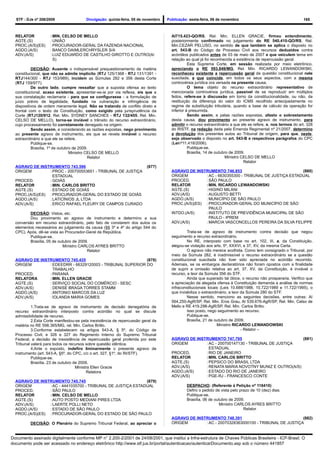 STF - DJe nº 208/2009                 Divulgação: quinta-feira, 05 de novembro   Publicação: sexta-feira, 06 de novembro                                    165



  RELATOR            : MIN. CELSO DE MELLO                                           AI715.423-QO/RS, Rel. Min. ELLEN GRACIE, firmou entendimento,
  AGTE.(S)           : UNIÃO                                                         posteriormente confirmado no julgamento do RE 540.410-QO/RS, Rel.
  PROC.(A/S)(ES)     : PROCURADOR-GERAL DA FAZENDA NACIONAL                          Min.CEZAR PELUSO, no sentido de que também se aplica o disposto no
  AGDO.(A/S)         : BANCO DAIMLERCHRYSLER S/A                                     art. 543-B do Código de Processo Civil aos recursos deduzidos contra
  ADV.(A/S)          : LUIZ EDUARDO DE CASTILHO GIROTTO E OUTRO(A/                   acórdãos publicados antes de 03 de maio de 2007 e que veiculem tema em
                       S)                                                            relação ao qual já foi reconhecida a existência de repercussão geral.
                                                                                               Esta Suprema Corte, em sessão realizada por meio eletrônico,
           DECISÃO: Ausente o indispensável prequestionamento da matéria             apreciando o RE 593.849/MG, Rel. Min. RICARDO LEWANDOWSKI,
  constitucional, que não se admite implícito (RTJ 125/1368 - RTJ 131/1391 -         reconheceu existente a repercussão geral da questão constitucional nele
  RTJ144/300 - RTJ 153/989), incidem as Súmulas 282 e 356 desta Corte                suscitada, e que coincide, em todos os seus aspectos, com a mesma
  (RTJ 159/977).                                                                     controvérsia jurídica ora versada na presente causa.
           De outro lado, cumpre ressaltar que a suposta ofensa ao texto                       O tema objeto do recurso extraordinário representativo de
  constitucional, acaso existente, apresentar-se-ia por via reflexa, eis que a       mencionada controvérsia jurídica, passível de se reproduzir em múltiplos
  sua constatação reclamaria - para que se configurasse - a formulação de            feitos, refere-se à discussão em torno da constitucionalidade, ou não, da
  juízo prévio de legalidade, fundado na vulneração e infringência de                restituição da diferença do valor do ICMS recolhido antecipadamente no
  dispositivos de ordem meramente legal. Não se tratando de conflito direto e        regime de substituição tributária, quando a base de cálculo da operação for
  frontal com o texto da Constituição, como exigido pela jurisprudência da           inferior à presumida.
  Corte (RTJ120/912, Rel. Min. SYDNEY SANCHES - RTJ 132/455, Rel. Min.                         Sendo assim, e pelas razões expostas, afasto o sobrestamento
  CELSO DE MELLO), torna-se inviável o trânsito do recurso extraordinário,           desta causa, dou provimento ao presente agravo de instrumento, para
  cujo processamento foi corretamente denegado na origem.                            admitir o recurso extraordinário a que ele se refere, e, nos termos do art. 328
           Sendo assim, e considerando as razões expostas, nego provimento           do RISTF, na redação dada pela Emenda Regimental nº 21/2007, determino
  ao presente agravo de instrumento, eis que se revela inviável o recurso            a devolução dos presentes autos ao Tribunal de origem, para que, neste,
  extraordinário a que ele se refere.                                                seja observado o disposto no art. 543-B e respectivos parágrafos do CPC
           Publique-se.                                                              (Leinº11.418/2006).
           Brasília, 1º de outubro de 2009.                                                    Publique-se.
                                 Ministro CELSO DE MELLO                                       Brasília, 14 de outubro de 2009.
                                           Relator                                                                  Ministro CELSO DE MELLO
                                                                                                                              Relator
  AGRAVO DE INSTRUMENTO 743.596                                          (877)
  ORIGEM         : PROC - 200700553651 - TRIBUNAL DE JUSTIÇA                         AGRAVO DE INSTRUMENTO 746.853                               (880)
                   ESTADUAL                                                          ORIGEM         : AC - 6630355300 - TRIBUNAL DE JUSTIÇA ESTADUAL
  PROCED.        : GOIÁS                                                             PROCED.        : SÃO PAULO
  RELATOR        : MIN. CARLOS BRITTO                                                RELATOR        :MIN. RICARDO LEWANDOWSKI
  AGTE.(S)       : ESTADO DE GOIÁS                                                   AGTE.(S)       : HIGINO MILANI
  PROC.(A/S)(ES) : PROCURADOR-GERAL DO ESTADO DE GOIÁS                               ADV.(A/S)      : AUGUSTO BETTI
  AGDO.(A/S)     : LATICÍNIOS JL LTDA                                                AGDO.(A/S)     : MUNICÍPIO DE SÃO PAULO
  ADV.(A/S)      : ERICO RAFAEL FLEURY DE CAMPOS CURADO                              PROC.(A/S)(ES) : PROCURADOR-GERAL DO MUNICÍPIO DE SÃO
                                                                                                      PAULO
          DECISÃO: Vistos, etc.                                                      INTDO.(A/S)    : INSTITUTO DE PREVIDÊNCIA MUNICIPAL DE SÃO
          Dou provimento ao agravo de instrumento e determino a sua                                   PAULO - IPREM
  conversão em recurso extraordinário, pelo fato de constarem dos autos os           ADV.(A/S)      : MARCIA VASCONCELLOS PEREIRA DA SILVA FELIPPE
  elementos necessários ao julgamento da causa (§§ 3º e 4º do artigo 544 do
  CPC). Após, dê-se vista ao Procurador-Geral da República.                                   Trata-se de agravo de instrumento contra decisão que negou
          Publique-se.                                                               seguimento a recurso extraordinário.
          Brasília, 05 de outubro de 2009.                                                    No RE, interposto com base no art. 102, III, a, da Constituição,
                            Ministro CARLOS AYRES BRITTO                             alegou-se violação aos arts. 5º, XXXVI, e 37, XV, da mesma Carta.
                                         Relator                                              O agravo não merece acolhida. Como tem consignado o Tribunal, por
                                                                                     meio da Súmula 282, é inadmissível o recurso extraordinário se a questão
  AGRAVO DE INSTRUMENTO 745.435                             (878)                    constitucional suscitada não tiver sido apreciada no acórdão recorrido.
  ORIGEM        : EDEEDRR - 66329120003 - TRIBUNAL SUPERIOR DO                       Ademais, se os embargos declaratórios não foram opostos com a finalidade
                  TRABALHO                                                           de suprir a omissão relativa ao art. 37, XV, da Constituição, é inviável o
  PROCED.       : PARANÁ                                                             recurso, a teor da Súmula 356 do STF.
  RELATORA      : MIN. ELLEN GRACIE                                                           Ainda que superado tal óbice, o recurso não prosperaria. Verifico que
  AGTE.(S)      : SERVIÇO SOCIAL DO COMÉRCIO - SESC                                  a apreciação da alegada ofensa à Constituição demanda a análise de normas
  ADV.(A/S)     : DENISE BRAGA TORRES STAMM                                          infraconstitucionais locais (Leis 10.688/1988, 10.722/1989 e 11.722/1995), o
  AGDO.(A/S)    : ANTONIO MARCOS DA LUZ                                              que inviabiliza o extraordinário, a teor da Súmula 280 do STF.
  ADV.(A/S)     : IOLANDA MARIA GOMES                                                         Nesse sentido, menciono as seguintes decisões, entre outras: AI
                                                                                     564.250-AgR/SP, Rel. Min. Eros Grau, AI 539.676-AgR/SP, Rel. Min. Celso de
           1.Trata-se de agravo de instrumento de decisão denegatória de             Mello e RE 419.298-AgR/SP, Rel. Min. Carlos Britto.
  recurso extraordinário interposto contra acórdão no qual se discute                         Isso posto, nego seguimento ao recurso.
  admissibilidade de recurso.                                                                 Publique-se.
           2.Esta Corte manifestou-se pela inexistência de repercussão geral da               Brasília, 21 de outubro de 2009.
  matéria no RE 598.365/MG, rel. Min. Carlos Britto.                                                           Ministro RICARDO LEWANDOWSKI
           3.Conforme estabelecem os artigos 543-A, § 5º, do Código de                                                        - Relator –
  Processo Civil, e 326 e 327 do Regimento Interno do Supremo Tribunal
  Federal, a decisão de inexistência de repercussão geral proferida por este         AGRAVO DE INSTRUMENTO 747.795                           (881)
  Tribunal valerá para todos os recursos sobre questão idêntica.                     ORIGEM        : AC - 200700147130 - TRIBUNAL DE JUSTIÇA
           4.Ante o exposto, indefiro liminarmente o presente agravo de                              ESTADUAL
  instrumento (art. 543-A, §5º, do CPC, c/c o art. 327, §1º, do RI/STF).             PROCED.       : RIO DE JANEIRO
           Publique-se.                                                              RELATOR       :MIN. CARLOS BRITTO
           Brasília, 23 de outubro de 2009.                                          AGTE.(S)      : PEPSICO DO BRASIL LTDA
                                    Ministra Ellen Gracie                            ADV.(A/S)     : RENATA MARIA NOVOTNY MUNIZ E OUTRO(A/S)
                                          Relatora                                   AGDO.(A/S)    : ESTADO DO RIO DE JANEIRO
                                                                                     ADV.(A/S)     : PGE-RJ - FRANCESCO CONTE
  AGRAVO DE INSTRUMENTO 745.745                               (879)
  ORIGEM         : AC - 4441035700 - TRIBUNAL DE JUSTIÇA ESTADUAL                            DESPACHO: (Referente à Petição nº 118410)
  PROCED.        : SÃO PAULO                                                                 Defiro o pedido de vista pelo prazo de 10 (dez) dias.
  RELATOR        : MIN. CELSO DE MELLO                                                       Publique-se.
  AGTE.(S)       : AUTO POSTO MEDIANI PIRES LTDA                                             Brasília, 06 de outubro de 2009.
  ADV.(A/S)      : LAERTE POLLI NETO                                                                           Ministro CARLOS AYRES BRITTO
  AGDO.(A/S)     : ESTADO DE SÃO PAULO                                                                                       Relator
  PROC.(A/S)(ES) : PROCURADOR-GERAL DO ESTADO DE SÃO PAULO
                                                                                     AGRAVO DE INSTRUMENTO 748.391                               (882)
          DECISÃO: O Plenário do Supremo Tribunal Federal, ao apreciar o             ORIGEM        : AC - 20070328363000100 - TRIBUNAL DE JUSTIÇA


Documento assinado digitalmente conforme MP n° 2.200-2/2001 de 24/08/2001, que institui a Infra-estrutura de Chaves Públicas Brasileira - ICP-Brasil. O
documento pode ser acessado no endereço eletrônico http://www.stf.jus.br/portal/autenticacao/autenticarDocumento.asp sob o número 441857
 