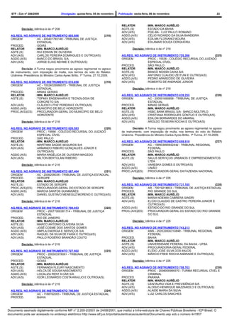 STF - DJe nº 208/2009                   Divulgação: quinta-feira, 05 de novembro   Publicação: sexta-feira, 06 de novembro                                  23



                                                                                       RELATOR            :MIN. MARCO AURÉLIO
          Decisão: Idêntica à de nº 208                                                AGTE.(S)           : ESTADO DA BAHIA
                                                                                       ADV.(A/S)          : PGE-BA - LUIZ PAULO ROMANO
  AG.REG. NO AGRAVO DE INSTRUMENTO 605.698                                (218)        AGDO.(A/S)         : CÉLIO RICARDO DA SILVA BANDEIRA
  ORIGEM        : AC - 200401793146 - TRIBUNAL DE JUSTIÇA                              ADV.(A/S)          : EDILMA FLORIANO MOURA
                  ESTADUAL                                                             ADV.(A/S)          : EDLAMAR SOUZA CERQUEIRA
  PROCED.       : GOIÁS
  RELATOR       : MIN. MARCO AURÉLIO                                                           Decisão: Idêntica à de nº 218
  AGTE.(S)      : RUI EDSON DE OLIVEIRA
  ADV.(A/S)     : CARLOS PEREIRA DOMINGUES E OUTRO(A/S)                                AG.REG. NO AGRAVO DE INSTRUMENTO 755.366                 (225)
  AGDO.(A/S)    : BANCO DO BRASIL S/A                                                  ORIGEM        : PROC - 15536 - COLÉGIO RECURSAL DO JUIZADO
  ADV.(A/S)     : JORGE ELIAS NEHME E OUTRO(A/S)                                                       ESPECIAL CÍVEL
                                                                                       PROCED.       : SÃO PAULO
          Decisão: A Turma negou provimento ao agravo regimental no agravo             RELATOR       :MIN. MARCO AURÉLIO
  de instrumento, com imposição de multa, nos termos do voto do Relator.               AGTE.(S)      : BANCO NOSSA CAIXA S/A
  Unânime. Presidência do Ministro Carlos Ayres Britto. 1ª Turma, 27.10.2009.          ADV.(A/S)     : ANTONIO CLAUDIO ZEITUNI E OUTRO(A/S)
                                                                                       AGDO.(A/S)    : PEDRO APARECIDO DE OLIVEIRA
  AG.REG. NO AGRAVO DE INSTRUMENTO 610.658                   (219)                     ADV.(A/S)     : ROBERTO DE ANDRADE JÚNIOR
  ORIGEM         : AC - 10024026986570 - TRIBUNAL DE JUSTIÇA
                   ESTADUAL                                                                    Decisão: Idêntica à de nº 218
  PROCED.        : MINAS GERAIS
  RELATOR        : MIN. MARCO AURÉLIO                                                  AG.REG. NO AGRAVO DE INSTRUMENTO 639.255                 (226)
  AGTE.(S)       : TOPMIX ENGENHARIA E TECNOLOGIA DE                                   ORIGEM        : AC - 200501890658 - TRIBUNAL DE JUSTIÇA
                   CONCRETO S/A                                                                        ESTADUAL
  ADV.(A/S)      : CLÁUDIO LITHZ PEREIRA E OUTRO(A/S)                                  PROCED.       : MINAS GERAIS
  AGDO.(A/S)     : MUNICÍPIO DE BELO HORIZONTE                                         RELATOR       :MIN. MARCO AURÉLIO
  PROC.(A/S)(ES) : PROCURADOR-GERAL DO MUNICÍPIO DE BELO                               AGTE.(S)      : HSBC BANK BRASIL S/A - BANCO MÚLTIPLO
                   HORIZONTE                                                           ADV.(A/S)     : CRISTIANA RODRIGUES GONTIJO E OUTRO(A/S)
                                                                                       AGDO.(A/S)    : EDILON BERNARDES DO AMARAL
          Decisão: Idêntica à de nº 218                                                ADV.(A/S)     : AROLDO TEIXEIRA ROCHA E OUTRO(A/S)

  AG.REG. NO AGRAVO DE INSTRUMENTO 626.583                 (220)                               Decisão: A Turma negou provimento ao agravo regimental no agravo
  ORIGEM        : PROC - 19996 - COLÉGIO RECURSAL DO JUIZADO                           de instrumento, com imposição de multa, nos termos do voto do Relator.
                  ESPECIAL CÍVEL                                                       Unânime. Presidência do Ministro Carlos Ayres Britto. 1ª Turma, 27.10.2009.
  PROCED.       : SÃO PAULO
  RELATOR       : MIN. MARCO AURÉLIO                                                   AG.REG. NO AGRAVO DE INSTRUMENTO 659.519                  (227)
  AGTE.(S)      : MARÍTIMA SAÚDE SEGUROS S/A                                           ORIGEM         : AC - 199903990932442 - TRIBUNAL REGIONAL
  ADV.(A/S)     : ARMANDO RIBEIRO GONÇALVES JÚNIOR E                                                    FEDERAL
                  OUTRO(A/S)                                                           PROCED.        : SÃO PAULO
  AGDO.(A/S)    : MARIA ANGÉLICA DE OLIVEIRA MACEDO                                    RELATOR        :MIN. MARCO AURÉLIO
  ADV.(A/S)     : MILTON BERTOLANI RIBEIRO                                             AGTE.(S)       : SALUS SERVIÇOS URBANOS E EMPREENDIMENTOS
                                                                                                        LTDA
          Decisão: Idêntica à de nº 218                                                ADV.(A/S)      : VANESKA GOMES E OUTRO(A/S)
                                                                                       AGDO.(A/S)     : UNIÃO
  AG.REG. NO AGRAVO DE INSTRUMENTO 687.464                    (221)                    PROC.(A/S)(ES) : PROCURADOR-GERAL DA FAZENDA NACIONAL
  ORIGEM         : AC - 2006208038 - TRIBUNAL DE JUSTIÇA ESTADUAL
  PROCED.        : SERGIPE                                                                     Decisão: Idêntica à de nº 226
  RELATOR        : MIN. MARCO AURÉLIO
  AGTE.(S)       : ESTADO DE SERGIPE                                                   AG.REG. NO AGRAVO DE INSTRUMENTO 731.185                     (228)
  PROC.(A/S)(ES) : PROCURADOR-GERAL DO ESTADO DE SERGIPE                               ORIGEM         : AR - 70019218833 - TRIBUNAL DE JUSTIÇA ESTADUAL
  AGDO.(A/S)     : MARCIA SANTOS GUIMARÃES                                             PROCED.        : RIO GRANDE DO SUL
  ADV.(A/S)      : DANIEL GUSTAVO MENEGUZ MORENO E OUTRO(A/S)                          RELATOR        :MIN. MARCO AURÉLIO
                                                                                       AGTE.(S)       : MARIA NOEMIA CABRERA GINDRI
          Decisão: Idêntica à de nº 218                                                ADV.(A/S)      : ELCIO CLAUDIO DE CASTRO PEREIRA JUNIOR E
                                                                                                        OUTRO(A/S)
  AG.REG. NO AGRAVO DE INSTRUMENTO 700.453                   (222)                     AGDO.(A/S)     : ESTADO DO RIO GRANDE DO SUL
  ORIGEM        : PROC - 20077000381714 - TRIBUNAL DE JUSTIÇA                          PROC.(A/S)(ES) : PROCURADOR-GERAL DO ESTADO DO RIO GRANDE
                  ESTADUAL                                                                              DO SUL
  PROCED.       : RIO DE JANEIRO
  RELATOR       : MIN. MARCO AURÉLIO                                                           Decisão: Idêntica à de nº 226
  AGTE.(S)      : MARCO ANTONIO OLIVEIRA SILVA
  ADV.(A/S)     : JOSÉ COSME DOS SANTOS GOMES                                          AG.REG. NO AGRAVO DE INSTRUMENTO 743.213                  (229)
  AGDO.(A/S)    : AMPLA ENERGIA E SERVIÇOS S/A                                         ORIGEM        : AMS - 200333000310848 - TRIBUNAL REGIONAL
  ADV.(A/S)     : RAQUEL DA SILVA DE FARIA E OUTRO(A/S)                                                FEDERAL
  ADV.(A/S)     : PAULO ROGÉRIO BRANDÃO COUTO                                          PROCED.       : BAHIA
                                                                                       RELATOR       :MIN. MARCO AURÉLIO
          Decisão: Idêntica à de nº 218                                                AGTE.(S)      : UNIVERSIDADE FEDERAL DA BAHIA - UFBA
                                                                                       ADV.(A/S)     : PROCURADORIA-GERAL FEDERAL
  AG.REG. NO AGRAVO DE INSTRUMENTO 727.502                  (223)                      AGDO.(A/S)    : ELÍDIO JOSÉ SILVA DOS ANJOS
  ORIGEM        : PROC - 200503378091 - TRIBUNAL DE JUSTIÇA                            ADV.(A/S)     : MÁRCIO FRED ROCHA ANDRADE E OUTRO(A/S)
                  ESTADUAL
  PROCED.       : GOIÁS                                                                        Decisão: Idêntica à de nº 226
  RELATOR       : MIN. MARCO AURÉLIO
  AGTE.(S)      : FERNANDA FLEURY NASCIMENTO                                           AG.REG. NO AGRAVO DE INSTRUMENTO 758.763                  (230)
  ADV.(A/S)     : HELCA DE SOUSA NASCIMENTO                                            ORIGEM        : PROC - 2008000999370 - TURMA RECURSAL CÍVEL E
  AGDO.(A/S)    : LOCALIZA RENT A CAR S/A                                                              CRIMINAL
  ADV.(A/S)     : IGOR LEONARDO COSTA ARAÚJO E OUTRO(A/S)                              PROCED.       : PARANÁ
                                                                                       RELATOR       :MIN. MARCO AURÉLIO
          Decisão: Idêntica à de nº 218                                                AGTE.(S)      : CENTAURO VIDA E PREVIDÊNCIA S/A
                                                                                       ADV.(A/S)     : ALOÍSIO HENRIQUE MAZZAROLO E OUTRO(A/S)
  AG.REG. NO AGRAVO DE INSTRUMENTO 746.984                   (224)                     AGDO.(A/S)    : ALAIDE MARIA DA SILVA
  ORIGEM        : AC - 1188762005 - TRIBUNAL DE JUSTIÇA ESTADUAL                       ADV.(A/S)     : LUIZ CARLOS SANCHES
  PROCED.       : BAHIA



Documento assinado digitalmente conforme MP n° 2.200-2/2001 de 24/08/2001, que institui a Infra-estrutura de Chaves Públicas Brasileira - ICP-Brasil. O
documento pode ser acessado no endereço eletrônico http://www.stf.jus.br/portal/autenticacao/autenticarDocumento.asp sob o número 441857
 