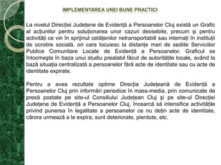  Premise pentru reducerea timpului de actualizare, în timp real, a bazei de date centrale(Registru Naţional de Evidenţă Persoanelor ) şi pentru eliminarea timpilor de nesincronizare a informaţiilor de pe cele doua nivele(judeţean şi central).II.PROBLEMA IDENTIFICATĂPlecând de la analiza situaţiei existente la  nivelul judeţului Cluj pe linie de evidenţa persoanelor, problemele identificate sunt:- lipsa datelor (număr real de persoane fără acte de identitate, nevoi specifice etc.);- număr ridicat de persoane fără acte de identitate;- existenţa în comunităţile de romi a unui număr mare de cetăţeni care nu au acte de identitate sau acte de stare civilă;- numărul  mare de copii, în special cetăţeni de etnie romă, neînregistraţi la starea civilă.