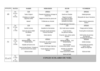 SEMAINES DATES MARDI MERCREDI JEUDI VENDREDI
49
Du
30 Nov
au
04 Déc
TCR
Tarte à l’oignon
Pintadeau sur canapé,
Légumes confits
dessert
2PROH1
Pressée de tomate au fromage de
chèvre frais
Magret de canard au poivre vert
Profiteroles au chocolat
TCR
Quiche au Cheddar
Magret de canard
au vinaigre de Xérès
Pommes en brioche
Epinards à la crème
Nougat glacé aux fruits secs
2PROH2
Salade gersoise
Blanquette de veau à l’ancienne
Opéra moderne cappuccino
arabica
50
Du
07 Déc
au
11 Déc
TCR
Quiche Lorraine
Darne de saumon BMH
Riz Madras
dessert
2PROH1
Assiettes de charcuteries
Entrecôte double Bordelaise
Pomme Pont-Neuf
Dame blanche
TCR
Œuf mollet sauce moutarde
Truite meunière
Riz pilaf aux carottes
Financier coco, crème vanille
bourbon
2PROH2
Potage julienne Darblay
Poulet grillé à l’américaine
1000 feuiilles de pommes
aux agrumes
Armagnac en émulsion
51
Du
14 Déc
au
18 Déc
TCR
REPAS DE NOEL 24 €
Amuse bouche
Assiette de fruits de mer
Pavé de bœuf Rossini, Timbale de
pomme de terre et de cèpes
Bûche de Noël
2PROH1
Parmentier de confit de canard,
salade verte
Assiette de fromages régionaux
Coupe glacée et pruneaux
flambés
TCR
REPAS DE NOEL 24 €
Amuse bouche
Sole meunière
Crème prise carotte – brocoli
Bavette aux échalotes
caramélisées
Tulipe de pommes noisette
Bûche de Noël
2PROH2
Buffet d’entrées
Goujonnettes de limande,
sauce Tartare,
Risotto aux légumes
Bûche de Noël
52 et 53
Du
21 Déc
au
03 Janv
CONGES SCOLAIRES DE NOEL
 