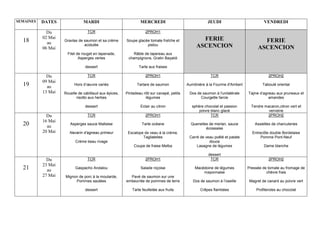 SEMAINES DATES MARDI MERCREDI JEUDI VENDREDI
49
Du
30 Nov
au
04 Déc
TCR
Tarte à l’oignon
Pintadeau sur canapé,
Légumes confits
dessert
2PROH1
Pressée de tomate au fromage de
chèvre frais
Magret de canard au poivre vert
Profiteroles au chocolat
TCR
Quiche au Cheddar
Magret de canard
au vinaigre de Xérès
Pommes en brioche
Epinards à la crème
Nougat glacé aux fruits secs
2PROH2
Salade gersoise
Blanquette de veau à l’ancienne
Opéra moderne cappuccino
arabica
50
Du
07 Déc
au
11 Déc
TCR
Quiche Lorraine
Darne de saumon BMH
Riz Madras
dessert
2PROH1
Assiettes de charcuteries
Entrecôte double Bordelaise
Pomme Pont-Neuf
Dame blanche
TCR
Œuf mollet sauce moutarde
Truite meunière
Riz pilaf aux carottes
Financier coco, crème vanille
bourbon
2PROH2
Potage julienne Darblay
Poulet grillé à l’américaine
1000 feuiilles de pommes
aux agrumes
Armagnac en émulsion
51
Du
14 Déc
au
18 Déc
TCR
REPAS DE NOEL 24 €
Amuse bouche
Assiette de fruits de mer
Pavé de bœuf Rossini, Timbale de
pomme de terre et de cèpes
Bûche de Noël
2PROH1
Parmentier de confit de canard,
salade verte
Assiette de fromages régionaux
Coupe glacée et pruneaux
flambés
TCR
REPAS DE NOEL 24 €
Amuse bouche
Sole meunière
Crème prise carotte – brocoli
Bavette aux échalotes
caramélisées
Tulipe de pommes noisette
Bûche de Noël
2PROH2
Buffet d’entrées
Goujonnettes de limande,
sauce Tartare,
Risotto aux légumes
Bûche de Noël
52 et 53
Du
21 Déc
au
03 Janv
CONGES SCOLAIRES DE NOEL
 