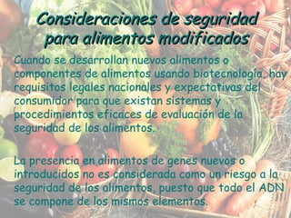 Cuando se desarrollan nuevos alimentos o componentes de alimentos usando biotecnología, hay requisitos legales nacionales y expectativas del consumidor para que existan sistemas y procedimientos eficaces de evaluación de la seguridad de los alimentos. La presencia en alimentos de genes nuevos o introducidos no es considerada como un riesgo a la seguridad de los alimentos, puesto que todo el ADN se compone de los mismos elementos. Consideraciones de seguridad para alimentos modificados 