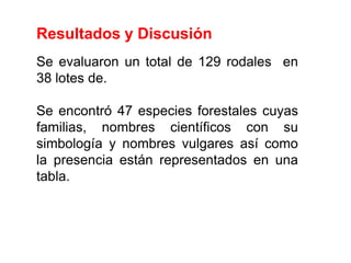 Resultados y Discusión Se evaluaron un total de 129 rodales  en 38 lotes de. Se encontró 47 especies forestales cuyas familias, nombres científicos con su simbología y nombres vulgares así como la presencia están representados en una tabla.