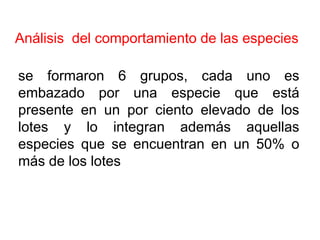 Análisis  del comportamiento de las especiesse formaron 6 grupos, cada uno es embazado por una especie que está presente en un por ciento elevado de los lotes y lo integran además aquellas especies que se encuentran en un 50% o más de los lotes