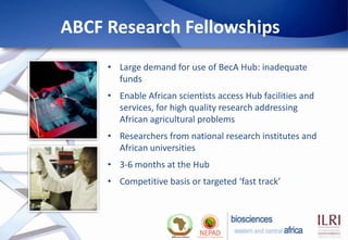 ABCF Research Fellowships
     • Large demand for use of BecA Hub: inadequate
       funds
     • Enable African scientist...