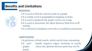 Benefits and Limitations
BENEFITS:
1.It is used to find the shortest path in a graph.
2.It is widely used in geographical mapping systems.
3.It is used to pinpoint the graph vertices on a map.
4.It is used to determine the Open Shortest Path First in IP
routing.
5.It is utilized in telephone networks to establish connections.
LIMITATIONS:
1.It performs a blind search, which can be time-consuming.
2.It can't handle negative edges, resulting in acyclic
graphs where the optimal shortest path may not be
found.
 