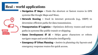 Navigation & Maps – Finds the shortest or fastest routes in GPS
systems like Google Maps and Waze.
Network Routing – Used in internet protocols (e.g., OSPF) to
determine efficient paths for data transmission.
Transportation & Logistics – Optimizes delivery routes and travel
paths in systems like public transit or shipping.
Game Development & AI – Helps game characters or robots
navigate maps and avoid obstacles intelligently.
Emergency & Urban Planning – Assists in planning city layouts and
emergency response routes for quick access.
Real - world applications
 