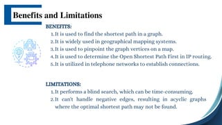 BENEFITS:
It is used to find the shortest path in a graph.
1.
It is widely used in geographical mapping systems.
2.
It is used to pinpoint the graph vertices on a map.
3.
It is used to determine the Open Shortest Path First in IP routing.
4.
It is utilized in telephone networks to establish connections.
5.
Benefits and Limitations
LIMITATIONS:
It performs a blind search, which can be time-consuming.
1.
It can't handle negative edges, resulting in acyclic graphs
where the optimal shortest path may not be found.
2.
 