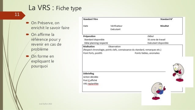 La VRS : Fiche type
 On Préserve, on
enrichit le savoir faire
 On affirme la
référence pour y
revenir en cas de
problème
 On forme en
expliquant le
pourquoi
Joel Duflot 2022
11
 