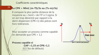 Coefficients caractéristiques
Le CPK = Mini{ (m-TI)/3s ou (Ts-m)/3s}
Il compare la plus petite distance de la
moyenne au « bord » de l’IT à 3 sigma. Si
on est trop décentré par rapport à la
demi-dispersion (CPK<1) des pièces sont
hors tolérances.
Pour accepter un process comme capable
on demande que CPK > 1,1
Process capable si
CAP >1,33 et CPK>1,1
(0,5 %o de défauts)
Joel Duflot 2022
29
 