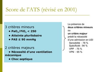 Score de l’ATS (révisé en 2001) 
3 critères mineurs 
• PaO2/FiO2 < 250 
• Atteinte plurilobaire 
• PAS ≤ 90 mmHg 
2 critères majeurs 
• Nécessité d’une ventilation 
mécanique 
• Choc septique 
La présence de 
deux critères mineurs 
ou 
un critère majeur 
prédit la nécessité 
d’une admission en USI 
Sensibilité : 78 % 
Spécificité : 94 % 
VPP : 75 % 
VPN : 95 % 
 