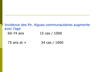  Incidence des Pn. Aigues communautaires augmente 
avec l’age 
60-74 ans 15 cas / 1000 
75 ans et + 34 cas / 1000 
 