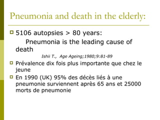 Pneumonia and death in the elderly: 
 5106 autopsies > 80 years: 
Pneumonia is the leading cause of 
death 
Ishii T., Age Ageing;1980;9:81-89 
 Prévalence dix fois plus importante que chez le 
jeune 
 En 1990 (UK) 95% des décès liés à une 
pneumonie surviennent après 65 ans et 25000 
morts de pneumonie 
 