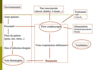 TTaarree ssoouuss--jjaacceennttee 
((aallccooooll,, ddiiaabbèèttee,, II rréénnaallee,,....)) 
FFlloorree oorroopphhaarryynnggééee 
VVooiieess rreessppiirraattooiirreess iinnfféérriieeuurreess 
PPnneeuummoonniiee 
EEnnvviirroonnnneemmeenntt 
AAuuttrree ppaattiieennttss 
PPeerrssoonnnneell 
FFlloorree dduu ppaattiieenntt 
((ppeeaauu,, nneezz,, ssiinnuuss,,....)) 
SSiitteess dd’’iinnffeeccttiioonn ééllooiiggnnééss 
VVooiiee hhéémmaattooggèènnee 
TTrraaiitteemmeenntt 
•AAttbb 
•AAnnttii--HH22 
AAlliimmeennttaattiioonn 
•EEnnttéérraallee//ppaarreennttéérraallee 
•SSoonnddee 
VVeennttiillaattiioonn 
 