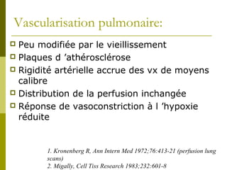 Vascularisation pulmonaire: 
 Peu modifiée par le vieillissement 
 Plaques d ’athérosclérose 
 Rigidité artérielle accrue des vx de moyens 
calibre 
 Distribution de la perfusion inchangée 
 Réponse de vasoconstriction à l ’hypoxie 
réduite 
1. Kronenberg R, Ann Intern Med 1972;76:413-21 (perfusion lung 
scans) 
2. Migally, Cell Tiss Research 1983;232:601-8 
 