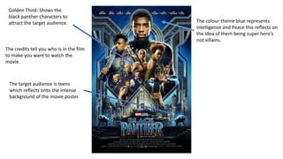 Golden Third: Shows the
black panther characters to
attract the target audience. The colour theme blue represents
intelligence and Peace this reflects on
the idea of them being super hero's
not villains.
The credits tell you who is in the film
to make you want to watch the
movie.
The target audience is teens
which reflects onto the intense
background of the movie poster.
 