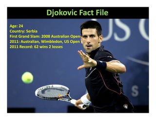 Djokovic Fact File
Age: 24
Country: Serbia
First Grand Slam: 2008 Australian Open
2011: Australian, Wimbledon, US Open
2011 Record: 62 wins 2 losses
 