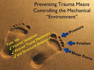Preventing Trauma Means
                Controlling the Mechanical
                     “Environment”

                                     sure
                                Pr es
                on chan ics
         . nsati e
      s . Se              y
     a
    h d         e M natom
  ot re      su A
Fo lte d Tis al                     Friction
   A e re
 ✓ Alt truct  ur
   ✓ and S                       She
                                     ar
    ✓                                     For
                                              ce
 