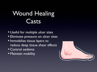 Wound Healing
      Casts
• Useful for multiple ulcer sites
• Eliminate pressure on ulcer sites
• Immobilise tissue layers to
  reduce deep tissue shear effects
• Control oedema
• Maintain mobility
 