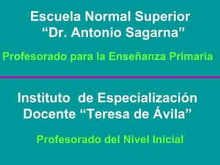 Profesorado para la Enseñanza Primaria Escuela Normal Superior  “Dr. Antonio Sagarna” Instituto  de Especialización Docente “Teresa de Ávila” Profesorado del Nivel Inicial 