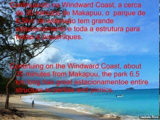 Continuando na Windward Coast, a cerca
de 35 minutos de Makapuu, o parque de
6,5km de extensão tem grande
estacionamento e toda a estrutura para
festas e piqueniques.
Continuing on the Windward Coast, about
35 minutes from Makapuu, the park 6.5
km long has great estacionamentoe entire
structure to parties and picnics.
 