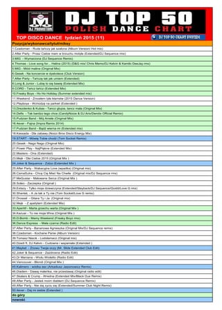TOP DISCO DANCE tydzień 2015 (11)
Pozycja/wykonawca/tytuł/miksy
1.Czadoman - Ruda tańczy jak szalona (Album Version/ Hot mix)
2.After Party - Przez Ciebie mam w brzuchu motyle (Extended/DJ Sequence rmx)
3.MIG - Wymarzona (DJ Sequence Remix)
4.Thomas - Love song for... Halina (2015) (D&G mix/ Chris Memo/DJ Kelvin & Kamilo DeeJay rmx)
5.MIG - Miód malina (Original Mix)
6.Gesek - Na koncercie w dyskotece (Club Version)
7.After Party - Tańczę tak jak umiem (Extended)
8.Long & Junior - Lubię to się bawię (Extended Mix)
9.CORD - Tańcz tańcz (Extended Mix)
10.Freaky Boys - Ho Ho Holiday (Summer extended mix)
11.Weekend - Zniosłem tyle kłamstw (2015 Dance Version)
12.Playboys - Wchodzę na parkiet (Extended )
13.Drezdenko & Kubas - Tancz glupia, tancz mala (Original Mix)
14.Defis - Tak bardzo tego chce (CandyNoize & DJ Arix/Dendix Official Remix)
15.Pudzian Band - Mój Aniele (Original Mix)
16.4ever - Fajna (Impra Remix 2014)
17.Pudzian Band - Bądź wierna mi (Extended mix)
18.Kassada - Dla zabawy (Noizz Bros Disco Energy Mix)
19.START - Mówię Tobie chodź (Tom Socket Remix)
20.Gesek - Nago Nago (Original Mix)
21.Power Play - NajPiękne (Extended Mix)
22.Masters - Ona (Extended)
23.Mejk - Dla Ciebie 2015 (Original Mix )
24.Joker & Sequence - Zolza (Extended Mix )
25.After Party - Wakacyjna Love (wpadka) (Original mix)
26.CamaSutra - Chcę Cię Mieć Na Chwile (Original mix/DJ Sequence rmx)
27.MeGustar - Malowane Serca (Original Mix )
28.Soleo - Zaczepka (Original )
29.Extazy - Tylko moja dziewczyna (Extended/Slayback/DJ Sequence/Quidd/Love G rmx)
30.ShanteL - A Ja tak a Ty nie (Tom Socket/Love G remix)
31.Drossel - Gitara Ty i Ja (Original mix)
32.Mejk - Z apetytem (Extended Mix)
33.Aperitif - Marta grzechu warta (Original Mix )
34.Kazuar - To nie moja Wina (Original Mix )
35.D-Bomb - Mamy Weekend (Freaky Boyz rmx)
36.Dance Express - Mała czarna (Radio Edit)
37.After Party - Bananowa Agnieszka (Original Mix/DJ Sequence remix)
38.Czadoman - Kochane Panie (Album Version)
39.Tomasz Niecik - Lodołamacz (Original mix)
40.Dzedi ft. DJ Kelvin - Cudowna i wspaniała (Extended )
41.Maykel - Znowu Twoje oczy (Mr. Slide Extended Club Edit)
42.Joker & Sequence - Zazdrosna (Radio Edit)
43.Dr Maniana - Wiolu Wioletto (Radio Edit)
44.Vancouver - Blondi (Original Mix )
45.Kalimero - wódka sex (Arkadiusz Jasionowicz Remix)
46.Diadem - Dawaj maleńka, nie przestawaj (Original radio edit)
47.Skalars & Crump - Wredna (Extended Mix/Black Due Remix)
48.After Party - Jesteś moim diabłem (DJ Sequence Remix)
49.After Party - Nie daj zyciu się (Extended/Summer Club Night Remix)
50.4ever - Daj mi siebie (Extended )
do góry
nowość
utwory z segmentu DISCO/DANCE (disco polo, polski dance)
 