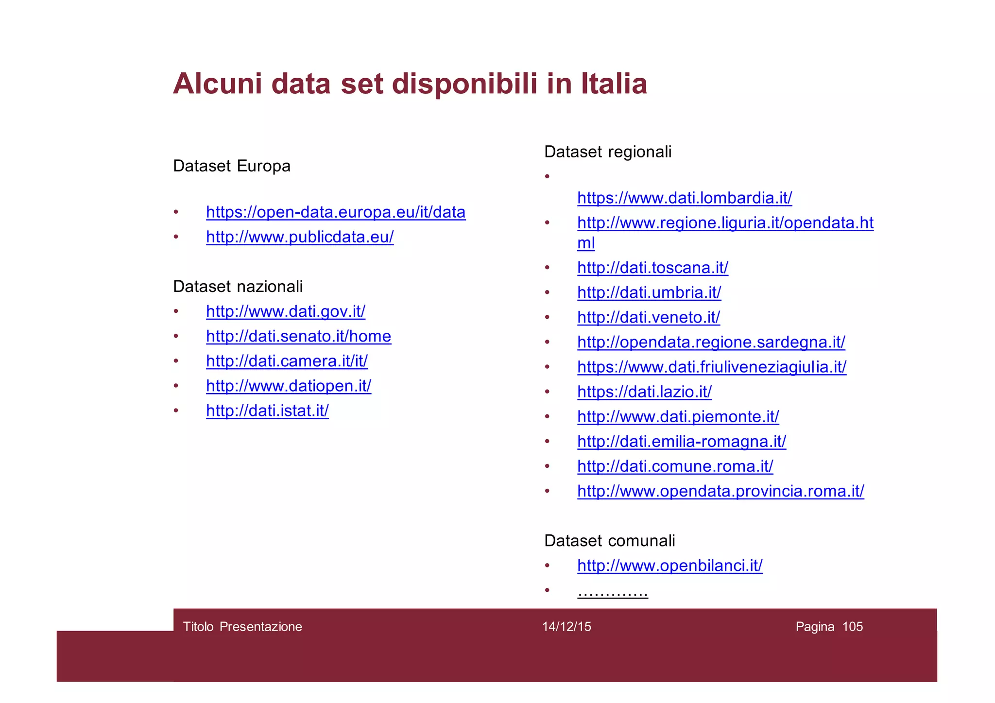 Alcuni data set disponibili in Italia
Dataset Europa
• https://open-data.europa.eu/it/data
• http://www.publicdata.eu/
Dataset nazionali
• http://www.dati.gov.it/
• http://dati.senato.it/home
• http://dati.camera.it/it/
• http://www.datiopen.it/
• http://dati.istat.it/
Dataset regionali
•
https://www.dati.lombardia.it/
• http://www.regione.liguria.it/opendata.ht
ml
• http://dati.toscana.it/
• http://dati.umbria.it/
• http://dati.veneto.it/
• http://opendata.regione.sardegna.it/
• https://www.dati.friuliveneziagiulia.it/
• https://dati.lazio.it/
• http://www.dati.piemonte.it/
• http://dati.emilia-romagna.it/
• http://dati.comune.roma.it/
• http://www.opendata.provincia.roma.it/
Dataset comunali
• http://www.openbilanci.it/
• ………….
14/12/15Titolo Presentazione Pagina 105
 
