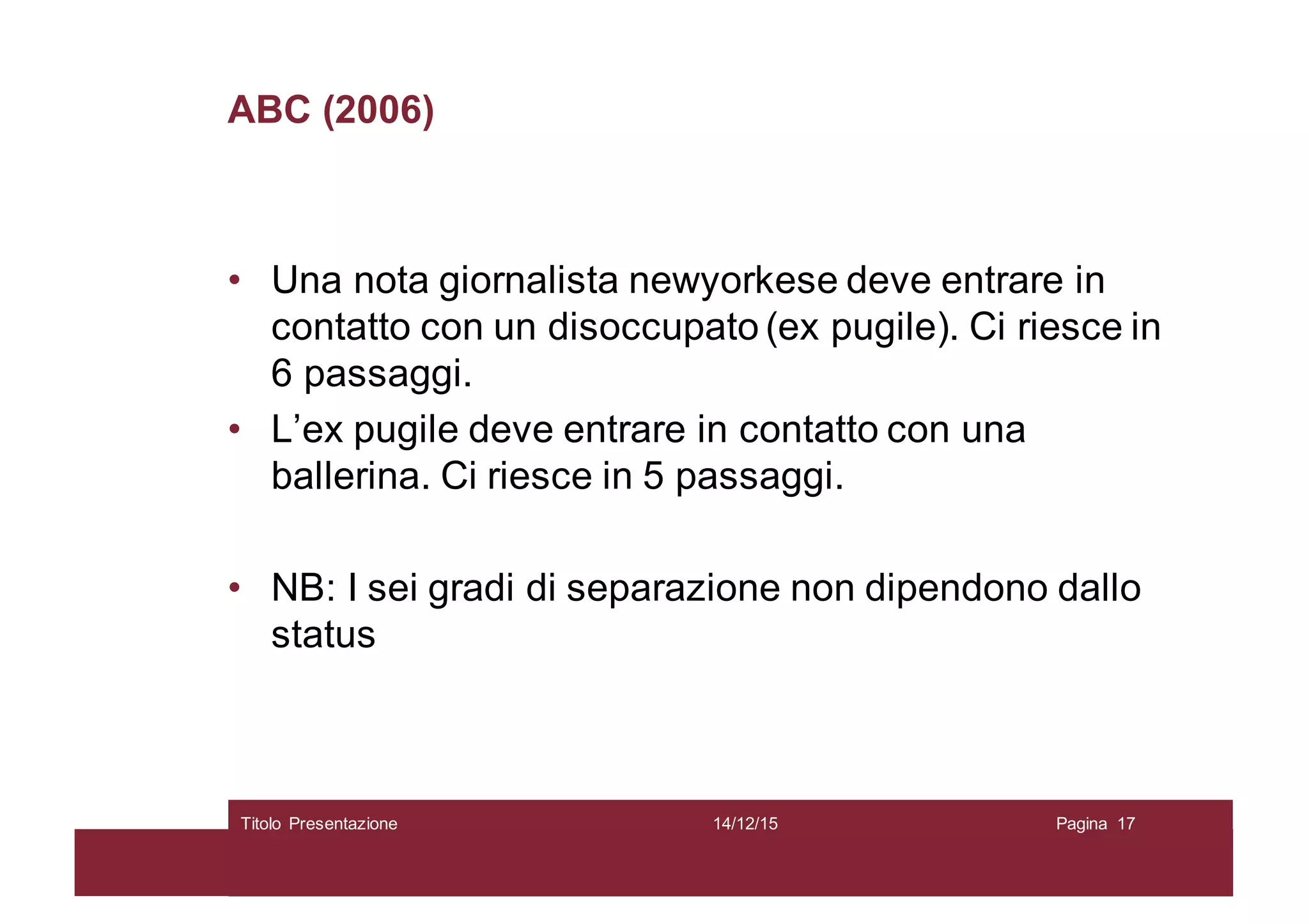 ABC (2006)
• Una nota giornalista newyorkese deve entrare in
contatto con un disoccupato (ex pugile). Ci riesce in
6 passaggi.
• L’ex pugile deve entrare in contatto con una
ballerina. Ci riesce in 5 passaggi.
• NB: I sei gradi di separazione non dipendono dallo
status
14/12/15Titolo Presentazione Pagina 17
 