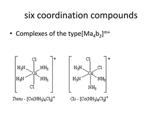 six coordination compounds
• Complexes of the type[Ma4b2]m+
 