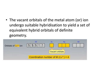 • The vacant orbitals of the metal atom (or) ion
undergo suitable hybridisation to yield a set of
equivalent hybrid orbitals of definite
geometry.
 