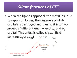 • When the ligands approach the metal ion, due
to repulsion forces, the degeneracy of d-
orbitals is destroyed and they split into two
groups of different energy level t2g and eg
orbital. This effect is called crystal field
splitting(∆0 or10Dq)
Silent features of CFT
 