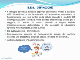 B.E.S. DEFINIZIONE
 Il Bisogno Educativo Speciale (Special Educational Need) è qualsiasi
difficoltà evolutiva, in ambito educativo e/o apprenditivo, espressa in un
funzionamento (nei vari ambiti della salute secondo il modello ICF
dell’Organizzazione Mondiale della Sanità) problematico anche per il
soggetto, in termini di danno, ostacolo o stigma sociale,
indipendentemente dall’eziologia, e che necessita di educazione
speciale individualizzata. (Ianes 2005b)
 Età evolutiva: entro i primi 18 anni.
 Funzionamento: concetto di funzionamento globale del soggetto
secondo una prospettiva bio-psico-sociale (modello ICF dell’OMS).
 Ambiti: educazione e/o apprendimento.
prof. Franca Medica
 