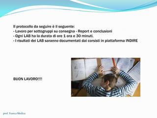 prof. Franca Medica
Il protocollo da seguire è il seguente:
- Lavoro per sottogruppi su consegna - Report e conclusioni
- Ogni LAB ha la durata di ore 1 ora e 30 minuti.
- I risultati dei LAB saranno documentati dai corsisti in piattaforma INDIRE
BUON LAVORO!!!!
 