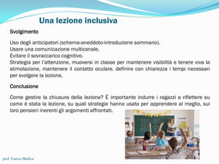 Una lezione inclusiva
prof. Franca Medica
Svolgimento
Uso degli anticipatori (schema-aneddoto-introduzione sommario).
Usare una comunicazione multicanale.
Evitare il sovraccarico cognitivo.
Strategia per l’attenzione, muoversi in classe per mantenere visibilità e tenere viva la
stimolazione, mantenere il contatto oculare, definire con chiarezza i tempi necessari
per svolgere la lezione,
Conclusione
Come gestire la chiusura della lezione? È importante indurre i ragazzi a riflettere su
come è stata la lezione, su quali strategie hanno usato per apprendere al meglio, sui
loro pensieri inerenti gli argomenti affrontati.
 