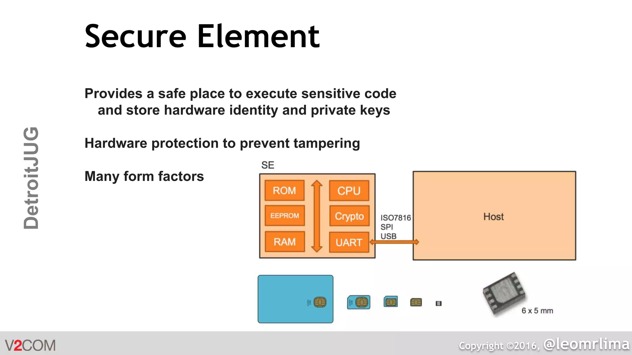 Copyright ©2016, @leomrlima
DetroitJUG Secure Element
Provides a safe place to execute sensitive code
and store hardware identity and private keys
Hardware protection to prevent tampering
Many form factors
 