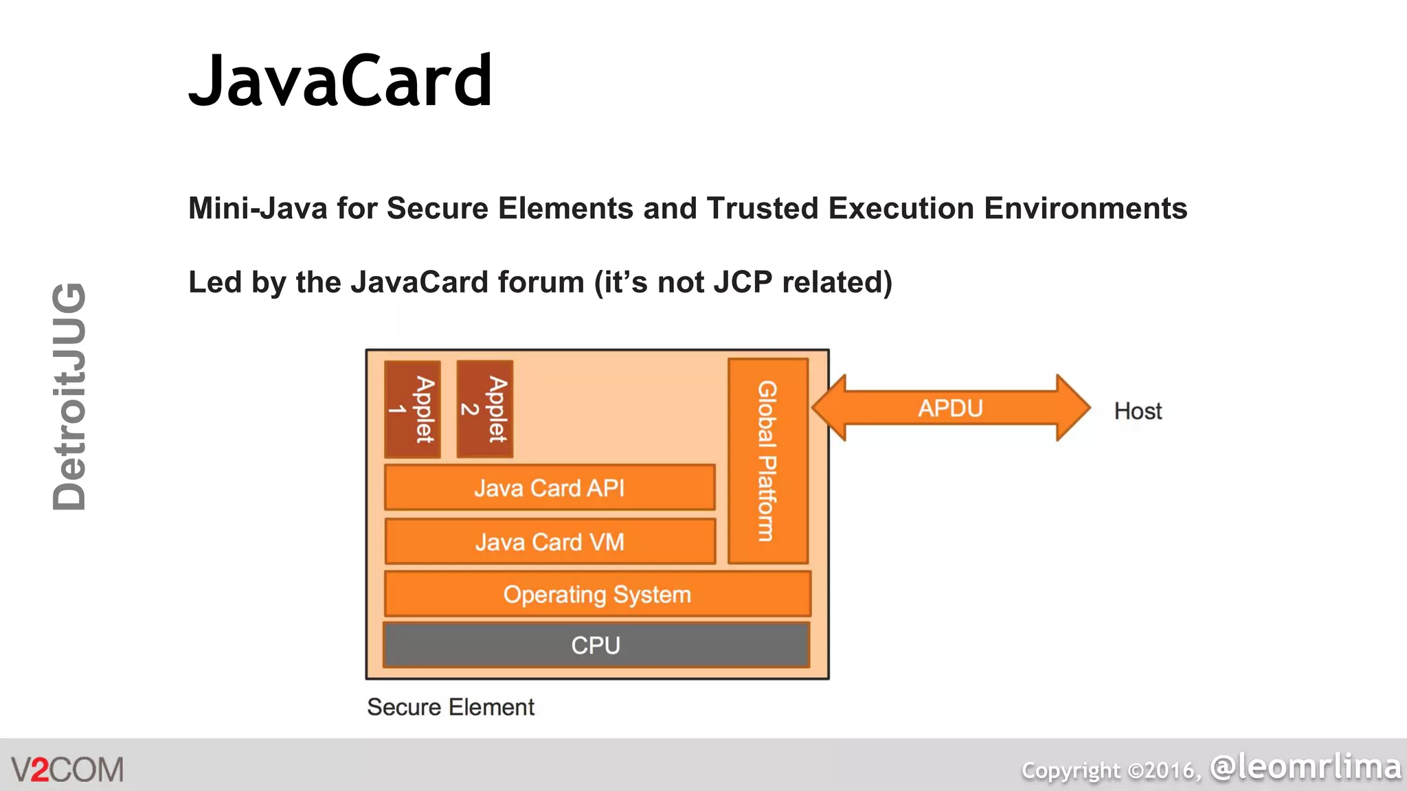 Copyright ©2016, @leomrlima
DetroitJUG JavaCard
Mini-Java for Secure Elements and Trusted Execution Environments
Led by the JavaCard forum (it’s not JCP related)
 