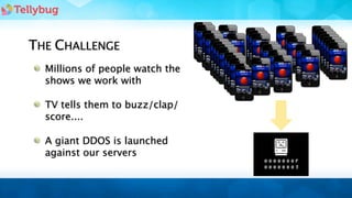 THE CHALLENGE
  Millions of people watch the
  shows we work with

  TV tells them to buzz/clap/
  score....

  A giant DDOS is launched
  against our servers
 