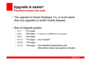 Upgrade is easier!
 Therefore lowers the cost

• The upgrade to Oracle Database 11g is much easier
  than any upgrades to earlier Oracle releases

• Size of Upgrade guides:
  – 8.1.7    - 512 pages
  – 9.0.1    - 484 pages – 111 steps for an RDBMS with 9 components
  – 9.2.0    - 344 pages
  – 10.1.0   - 170 pages - only 6 stepsl!!!
  – 10.2.0   - 140 pages
  – 11.1.0   - 186 pages - now detailed explanations and
                             information about new options included
 